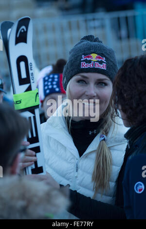 Lindsey Vonn of USA talking to the fans after competing in Courchevel fis alpine ski world cup women giant slalom in 2015 Stock Photo