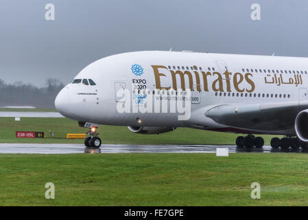 Emirates Airbus A380-800 in the wet at Manchester airport. Stock Photo