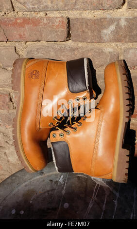 Winter leather Timberland brand boots Stock Photo