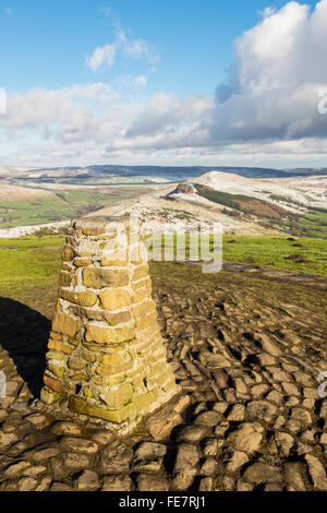 The Triangulation station or trig point at the top of Mam Tor in Derbyshire. Stock Photo