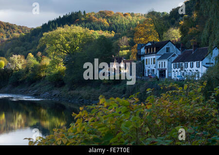 The village of Tintern on the banks of the River Wye in the lower Wye Valley in golden autumn sunshine, Monmouthshire, Wales Stock Photo