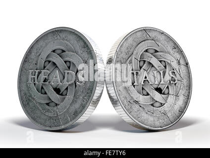 A concept image showing both sides of an antique coin displaying a heads and a tails side on an isolated white studio background Stock Photo