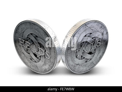 A concept image showing both sides of an antique coin displaying a heads and a tails side on an isolated white studio background Stock Photo