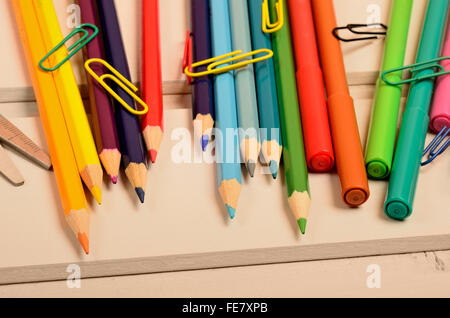 Colorful pencil on gray wooden table Stock Photo