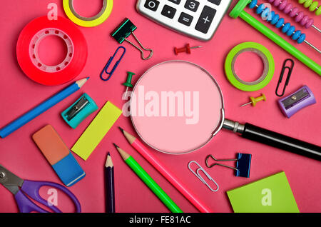 School supplies on pink background Stock Photo