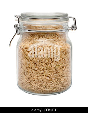 Brown Basmati Wild Rice in a Glass Canister with a Metal Clamp. The image is a cut out, isolated on a white background. Stock Photo