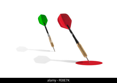 Two Darts and a Red Target on a White Background Stock Photo