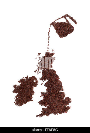 Pot of Coffee pouring Beans onto a Map of England, Ireland and Scotland. All Made from Brown, Fresh Roasted Coffee Beans Stock Photo