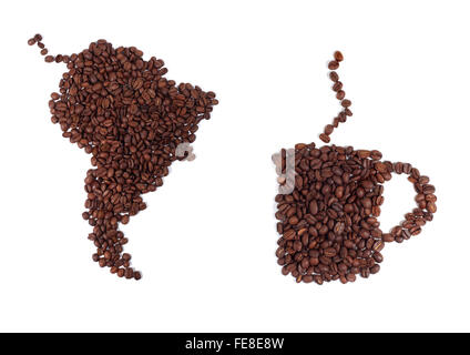 Map of South America and Cup Made of Brown, Fresh Roasted Coffee Beans Stock Photo