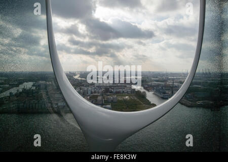 Looking through a so-called tuning fork on a balcony on the exterior glass facade of the new Elbphilharmonie in Hamburg Stock Photo