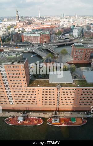 Aerial view of downtown Hamburg from the penthouse in the new Elbe Philharmonic Hall building Elbphilharmonie Stock Photo