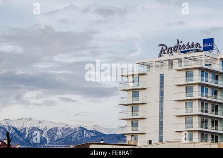 Radisson Blue Hotel, Sochi, in front of the Caucasus Mountains Stock Photo