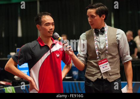 Greensboro, North Carolina, US. 4th Feb, 2016. Feb. 4, 2016 - Greensboro, N.C., USA - TIMOTHY WANG addresses the audience after his men's finals match against SHARON ALGUETTI at the 2016 U.S. Olympic Table Tennis Trials. WANG, at 2012 Olympian, defeated ALGUETTI in four out of six matches to earn a spot on the 2016 U.S. Olympic team. The top three men and women from the trials move on to compete in April at the 2016 North America Olympic Qualification tournament in Ontario, Canada. The 2016 Summer Olympics will be held in Rio De Janeiro, Brazil, Aug. 5-21. (Credit Image: © Timothy L. Hale via Stock Photo