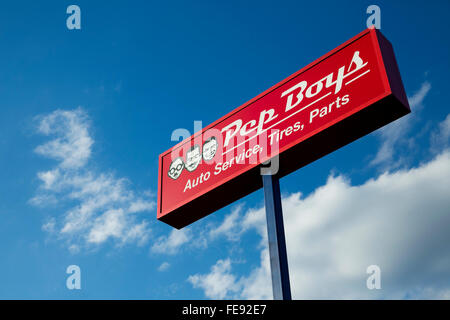 A logo sign outside of the headquarters of Pep Boys in Philadelphia, Pennsylvania on January 3, 2016. Stock Photo