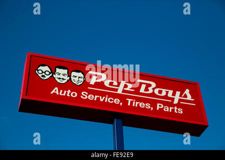 A logo sign outside of the headquarters of Pep Boys in Philadelphia, Pennsylvania on January 3, 2016. Stock Photo