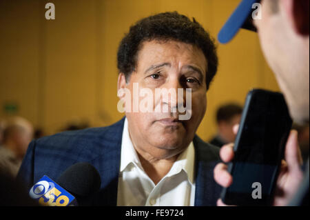Monday, February 1, 2016: CBS sportscaster Greg Gumbel talks to members of the media during opening day of press conferences for the National Football League Super Bowl 50 between the Denver Broncos and the Carolina Panthers at the Moscone Center in San Francisco, California. Eric Canha/CSM Stock Photo