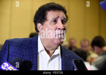 Monday, February 1, 2016: CBS sportscaster Greg Gumbel talks to members of the media during opening day of press conferences for the National Football League Super Bowl 50 between the Denver Broncos and the Carolina Panthers at the Moscone Center in San Francisco, California. Eric Canha/CSM Stock Photo