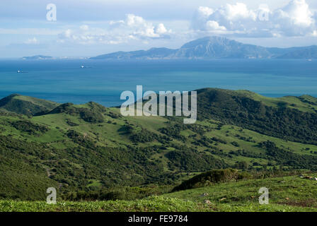 A view across the Strait of Gibraltar taken from the hills above Tarifa, Spain. Jebel Musa, Morocco background Stock Photo