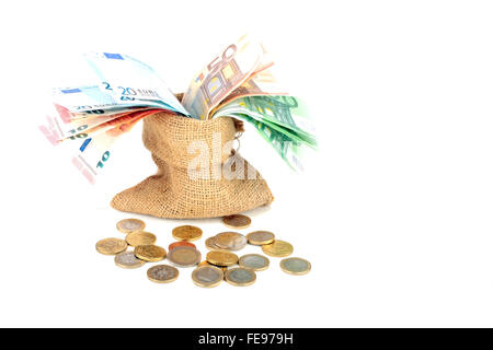 Bag full of euro money notes and coins on a white background Stock Photo