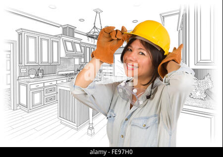 Pretty Hispanic Woman in Hard Hat and Gloves with Kitchen Drawing Behind. Stock Photo