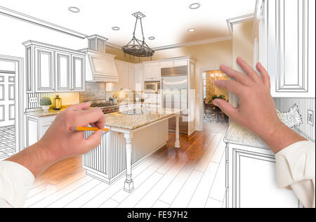 Male Hands Sketching with Pencil A Custom Kitchen with Photo Showing Through. Stock Photo