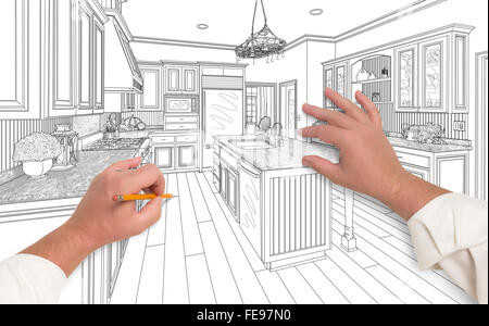 Male Hands Sketching with Pencil the Outline of a Beautiful Custom Kitchen. Stock Photo