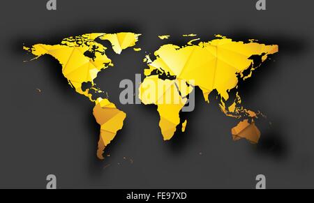 Bright orange polygonal world map with shadow on dark background. Vector graphic design Stock Vector