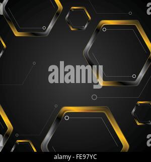 Dark tech background with black orange hexagons. Vector illustration eps 10 Stock Vector
