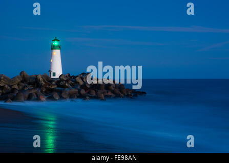 Santa Cruz Breakwater Lighthouse in Santa Cruz, California at night Stock Photo