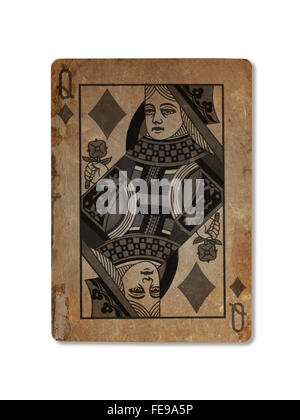 Very old playing card isolated on a white background, Queen of diamonds Stock Photo