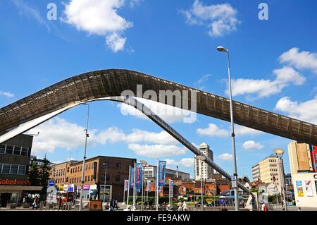 View of the Whittle arch in Millennium Place, Coventry, West Midlands, England, UK, Western Europe. Stock Photo