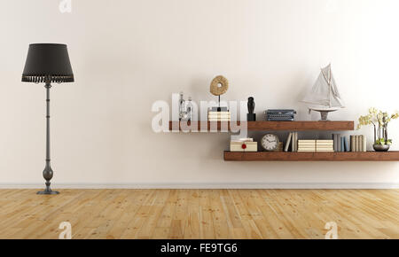 Retro vintage living room with  wooden shelves with books and decor objects - 3D Rendering Stock Photo