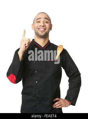 Portrait of happy Afro American professional cook isolated on white. Stock Photo