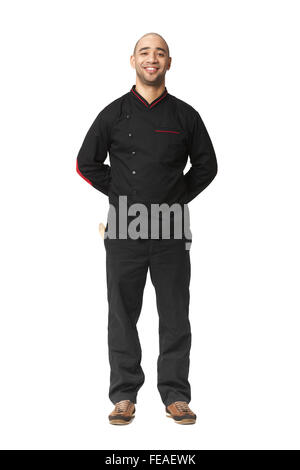 Fullbody portrait of Afro American professional cook isolated on white. Stock Photo