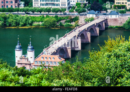 The old bridge, Karl Theodor Bridge or Alte Brucke over the River Neckar, from the castle in Heidelberg. Stock Photo