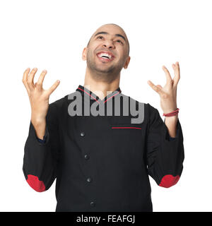 Portrait of Afro American professional cook disappointed  - isolated on white background. Stock Photo