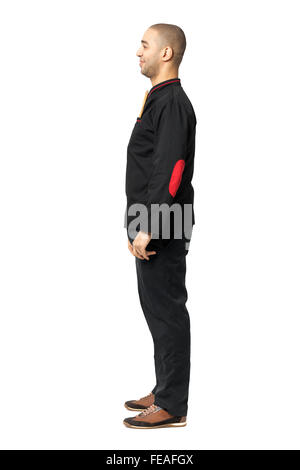 Fullbody profile portrait of Afro American professional cook isolated on white. Stock Photo