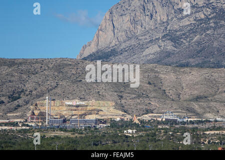 View of Terra Mitica amusement park viewed from a distance with mountains in back, Benidorm, Alicanta province, Spain Stock Photo