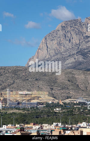 View of Terra Mitica amusement park viewed from a distance with mountains in back, Benidorm, Alicanta province, Spain Stock Photo