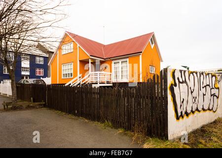 General housing shot taken of a property clad in corrugated iron / tin sheeting, in Reykjavik, Iceland. Stock Photo