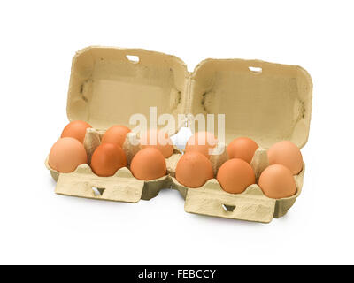 Organic Egg box with a dozen eggs isolated on white Stock Photo