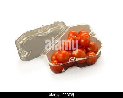 Organic plum cherry tomatoes in container isolated on white background Stock Photo