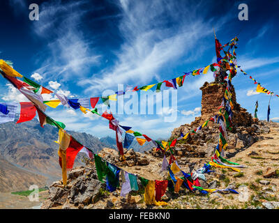 Buddhist prayer flags in Himalayas Stock Photo