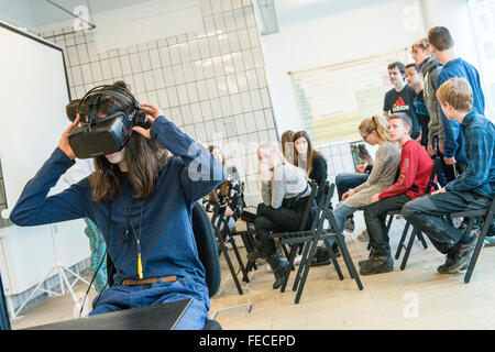 Copenhagen, Denmark. 5th February, 2016. Khora is a pop-up space in the meatpacking district of Copenhagen, where people can walk in and try different levels of virtual reality. Schools will be able to come in on field trips, companies can come in to see what is possible with VR. VR enthusiasts will be able to come in and collaborate with fellow content creators. Their goal is to create an environment where ideas about virtual reality can develop and come to life.  Pictured is 13-year-old Alexander Ramskov Galamba, from Albertslund Lilleskole, as he tests out one of the VR headsets. © Matthew Stock Photo