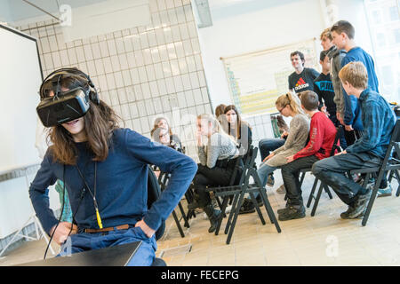 Copenhagen, Denmark. 5th February, 2016. Khora is a pop-up space in the meatpacking district of Copenhagen, where people can walk in and try different levels of virtual reality. Schools will be able to come in on field trips, companies can come in to see what is possible with VR. VR enthusiasts will be able to come in and collaborate with fellow content creators. Their goal is to create an environment where ideas about virtual reality can develop and come to life.  Pictured is 13-year-old Alexander Ramskov Galamba, from Albertslund Lilleskole, as he tests out one of the VR headsets. © Matthew Stock Photo