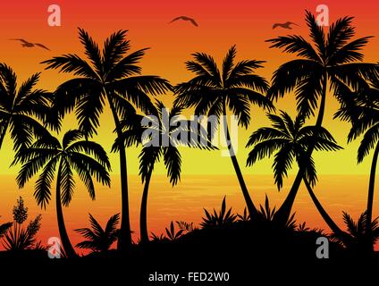 Seamless Landscape, Palms, Ocean and Birds Stock Vector