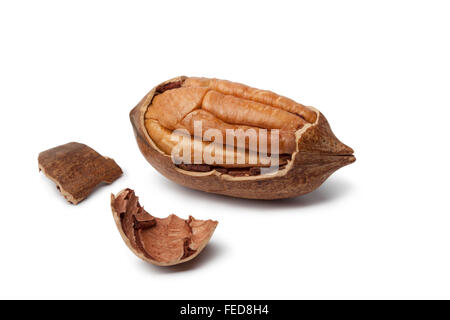 Pecan nut in a broken shell on white background Stock Photo