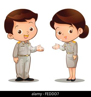 Thai man and woman official garb invite,Thai cute cartoon teacher in uniform character, Stock Vector