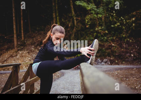 Fit brunette stretching her legs Stock Photo