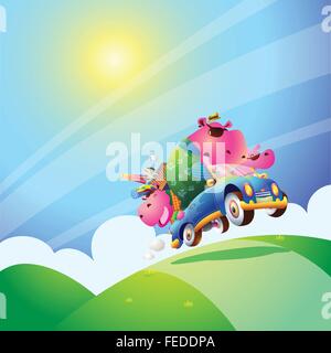 family hippo travel drive a car.cute children cartoon Stock Vector